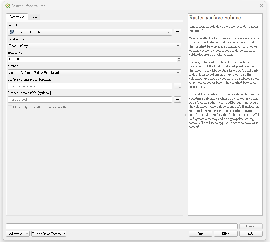 Fig14. Raster surface volume 畫面，載入高程差的DTM，Method選擇Subtract Volume Below Base Level，可以取得總挖填量